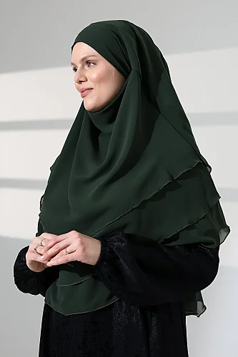 Tesettür Şifon Peçeli Üç Katlı Oval Sufle Khimar, Pratik Hijab Şal - Zümrüt (ZN1704) - 5