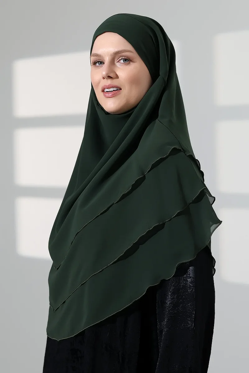 Tesettür Şifon Peçeli Üç Katlı Oval Sufle Khimar, Pratik Hijab Şal - Zümrüt (ZN1704) - 6