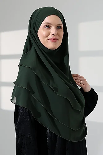 Tesettür Şifon Peçeli Üç Katlı Oval Sufle Khimar, Pratik Hijab Şal - Zümrüt (ZN1704) - 7