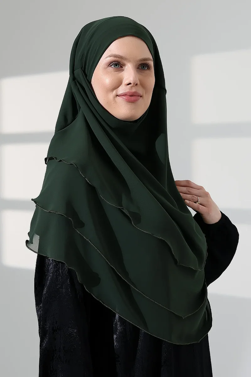 Tesettür Şifon Peçeli Üç Katlı Oval Sufle Khimar, Pratik Hijab Şal - Zümrüt (ZN1704) - 7