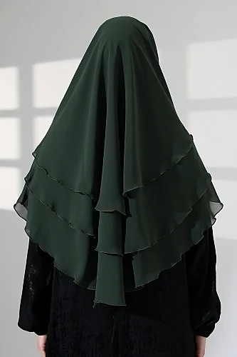 Tesettür Şifon Peçeli Üç Katlı Oval Sufle Khimar, Pratik Hijab Şal - Zümrüt (ZN1704) - 8
