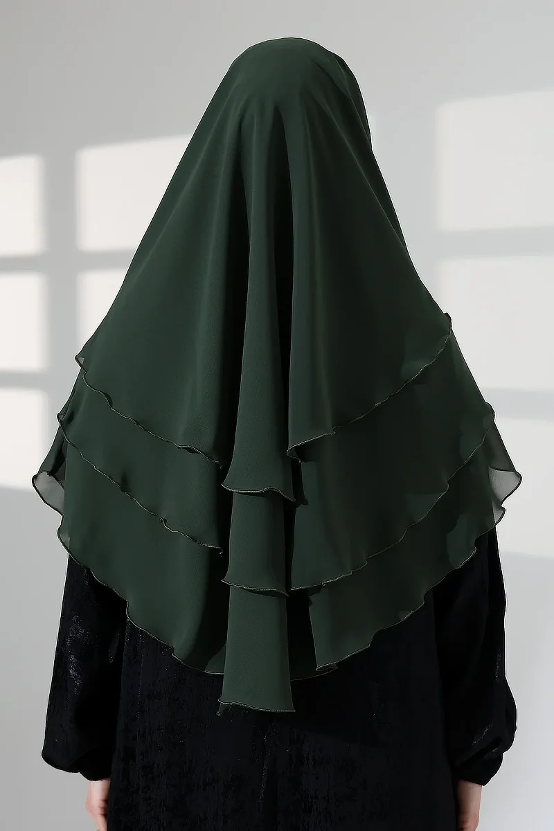 Tesettür Şifon Peçeli Üç Katlı Oval Sufle Khimar, Pratik Hijab Şal - Zümrüt (ZN1704) - 8