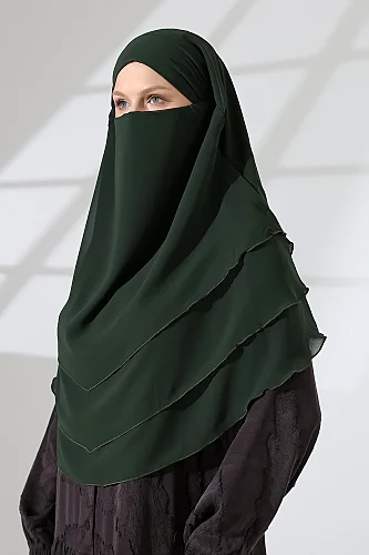 Şifon Peçeli Üç Katlı Oval Sufle Khimar, Pratik Hijab Şal - Zümrüt (ZN1704) 