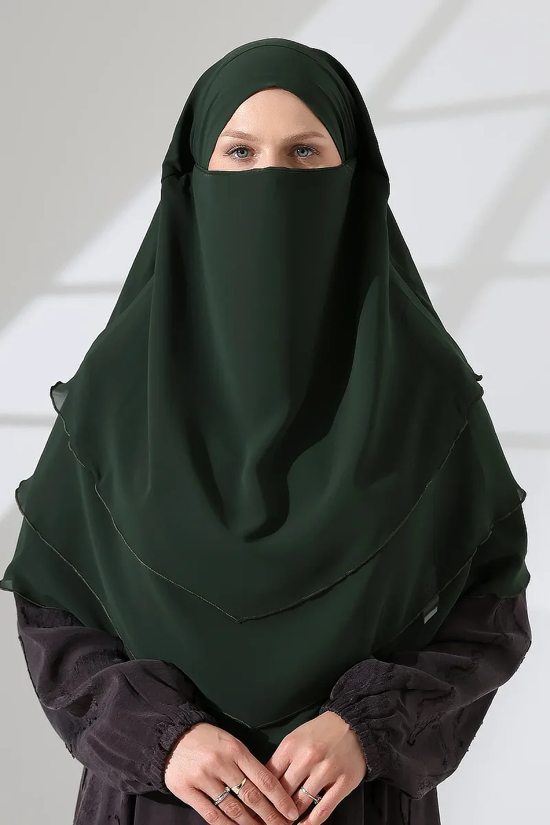Şifon Peçeli Üç Katlı Oval Sufle Khimar, Pratik Hijab Şal - Zümrüt (ZN1704) - 4
