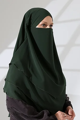 Şifon Peçeli Üç Katlı Oval Sufle Khimar, Pratik Hijab Şal - Zümrüt (ZN1704) - 6