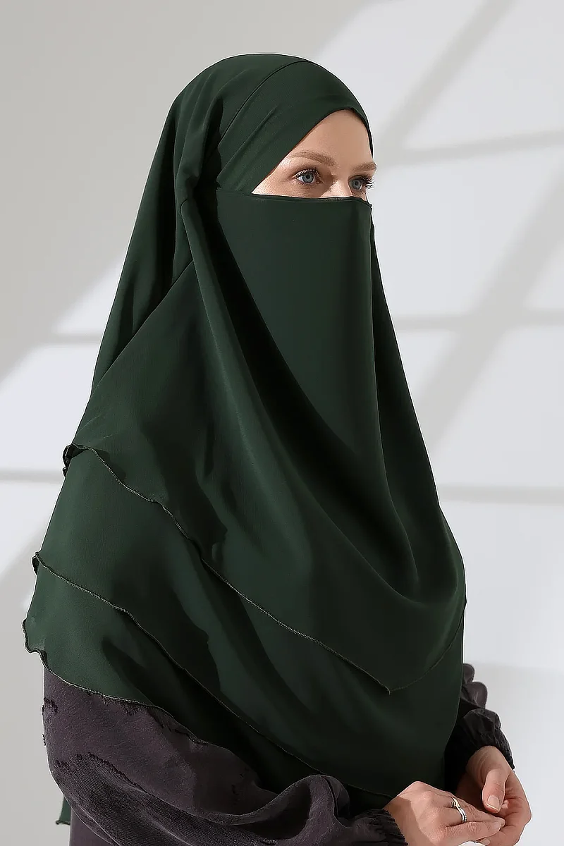 Şifon Peçeli Üç Katlı Oval Sufle Khimar, Pratik Hijab Şal - Zümrüt (ZN1704) - 6