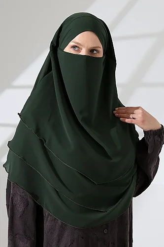 Şifon Peçeli Üç Katlı Oval Sufle Khimar, Pratik Hijab Şal - Zümrüt (ZN1704) - 7