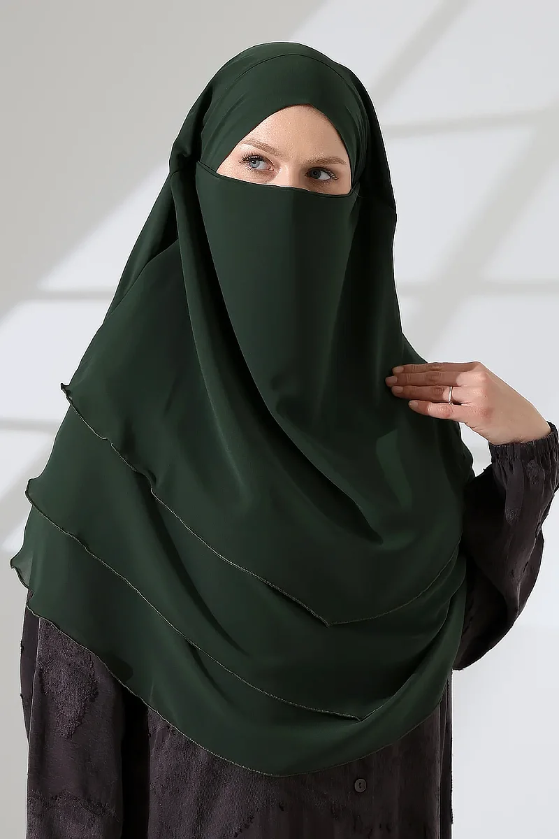 Şifon Peçeli Üç Katlı Oval Sufle Khimar, Pratik Hijab Şal - Zümrüt (ZN1704) - 7