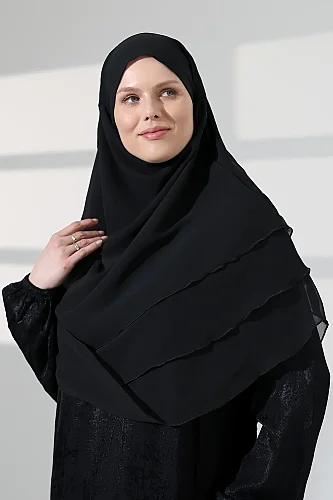 Tesettür Şifon Peçeli Üç Katlı Sufle Khimar, Pratik Hijab Şal - Siyah - ihvanonline (1)