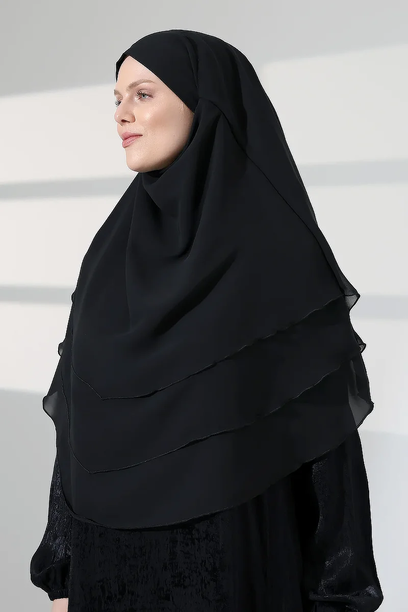 Tesettür Şifon Peçeli Üç Katlı Sufle Khimar, Pratik Hijab Şal - Siyah - 3