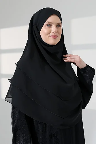 Tesettür Şifon Peçeli Üç Katlı Sufle Khimar, Pratik Hijab Şal - Siyah - 1