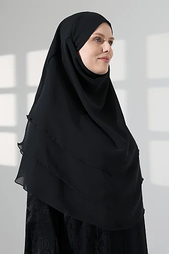 Tesettür Şifon Peçeli Üç Katlı Sufle Khimar, Pratik Hijab Şal - Siyah - 5