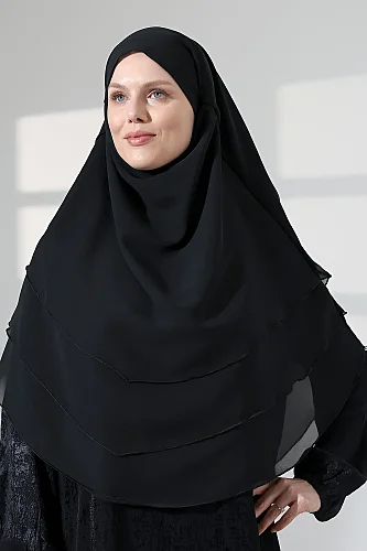 Tesettür Şifon Peçeli Üç Katlı Sufle Khimar, Pratik Hijab Şal - Siyah - 7
