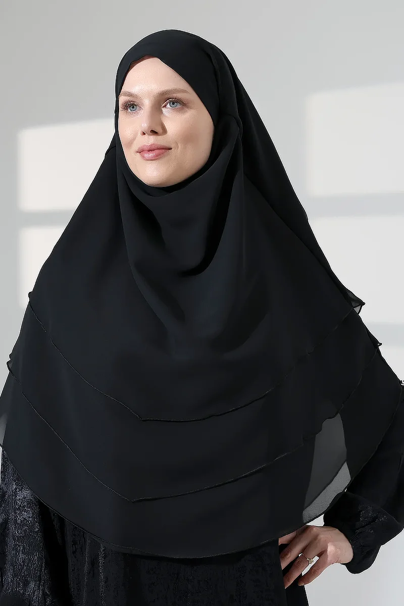 Tesettür Şifon Peçeli Üç Katlı Sufle Khimar, Pratik Hijab Şal - Siyah - 7