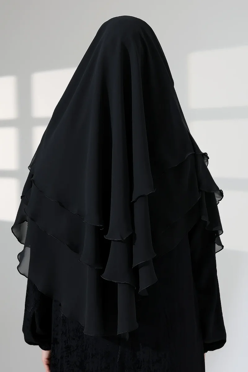 Tesettür Şifon Peçeli Üç Katlı Sufle Khimar, Pratik Hijab Şal - Siyah - 8