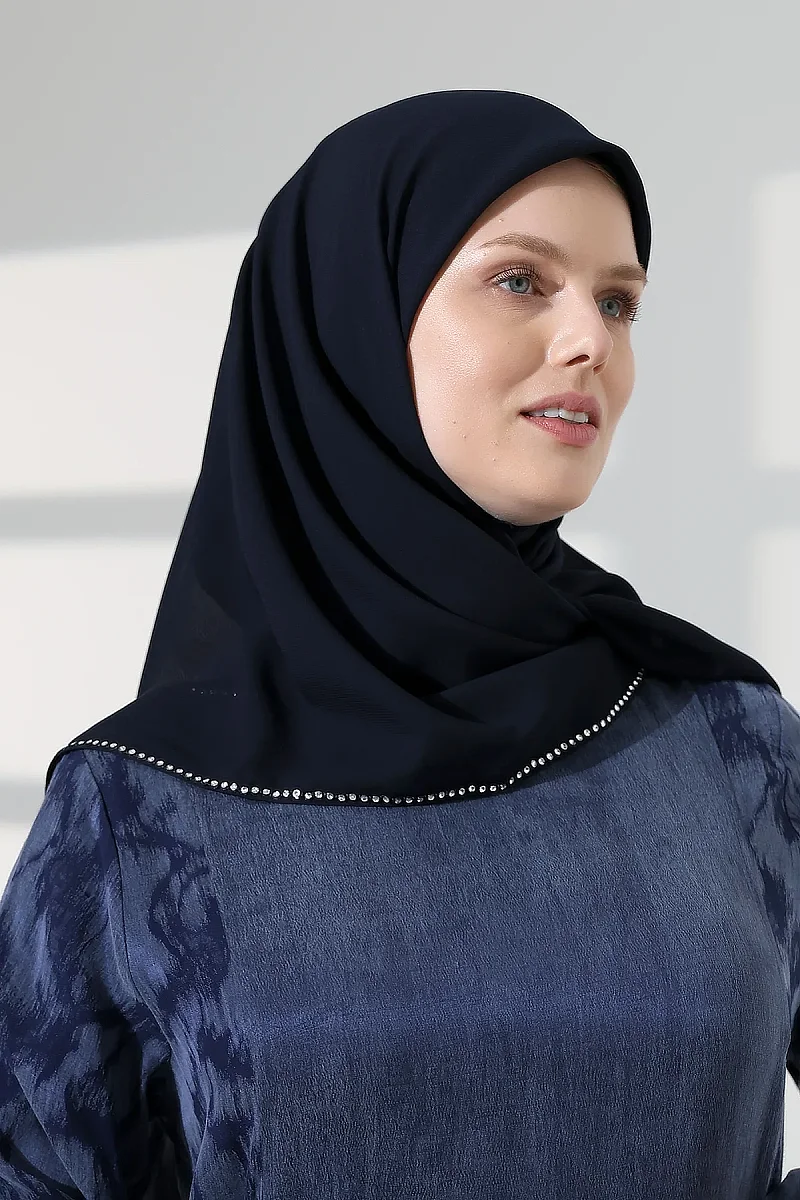 Tesettür Taş Detaylı Düz Şifon Eşarp - Lacivert - 2