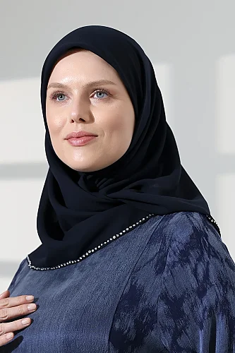 Tesettür Taş Detaylı Düz Şifon Eşarp - Lacivert - 3