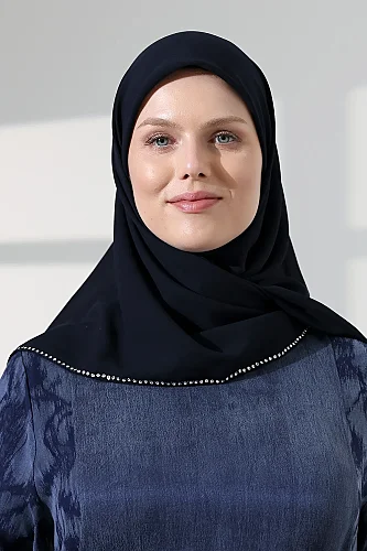 Tesettür Taş Detaylı Düz Şifon Eşarp - Lacivert - 4