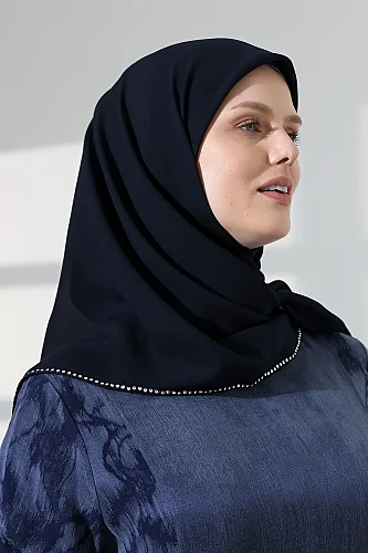 Tesettür Taş Detaylı Düz Şifon Eşarp - Lacivert - 5