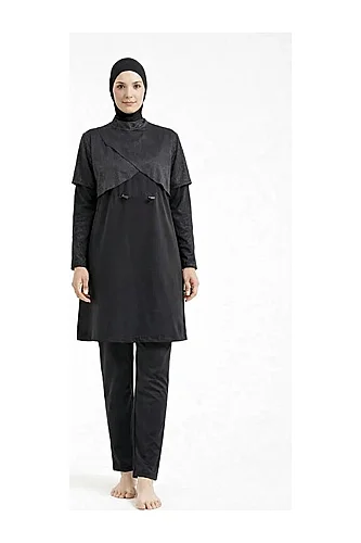 Tesmay Hızlı Kuruyan Sporcu Likra Paraşüt Kumaş Tam Kapalı Tesettür Mayo 3058 - Siyah - 1