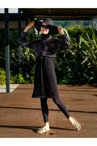 Tesmay Kadın Desenli Likralı Tam Kapalı Tesettür Mayo 21103-25 Siyah - 1