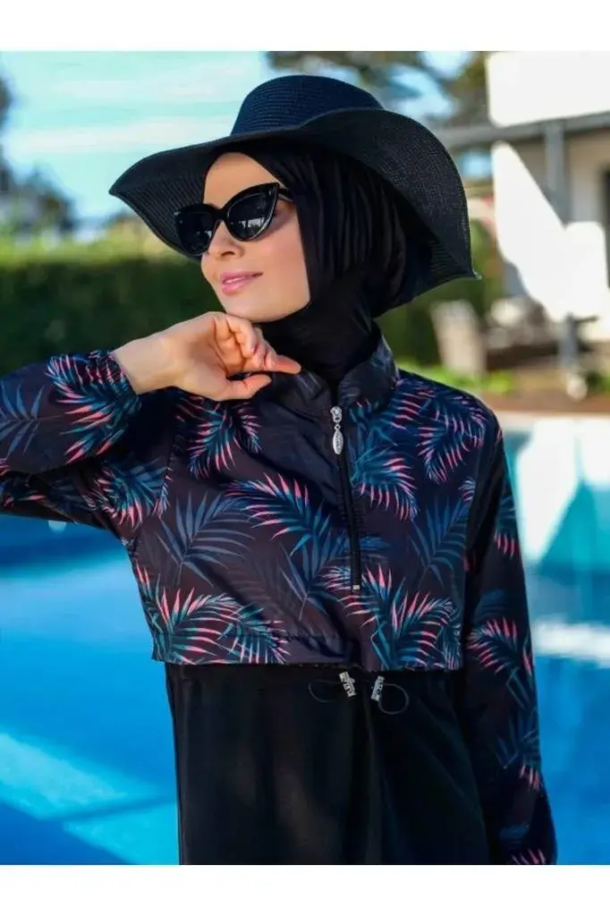 Tesmay Kadın Desenli Likralı Tam Kapalı Tesettür Mayo 21103-25 Siyah - 2