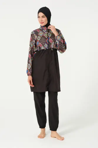 Tesmay Kadın Desenli Tam Kapalı Tesettür Mayo 22155-25 Siyah - 1
