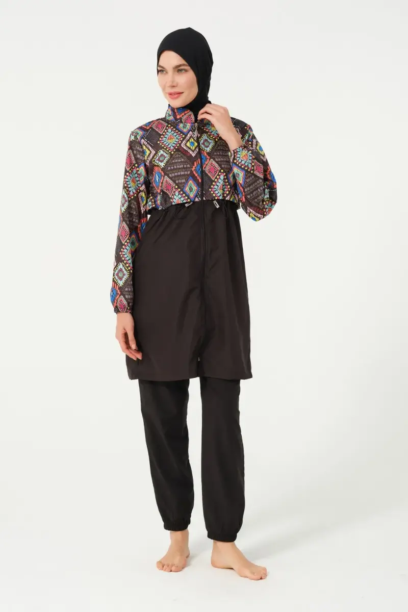 Tesmay Kadın Desenli Tam Kapalı Tesettür Mayo 22155-25 Siyah - 1