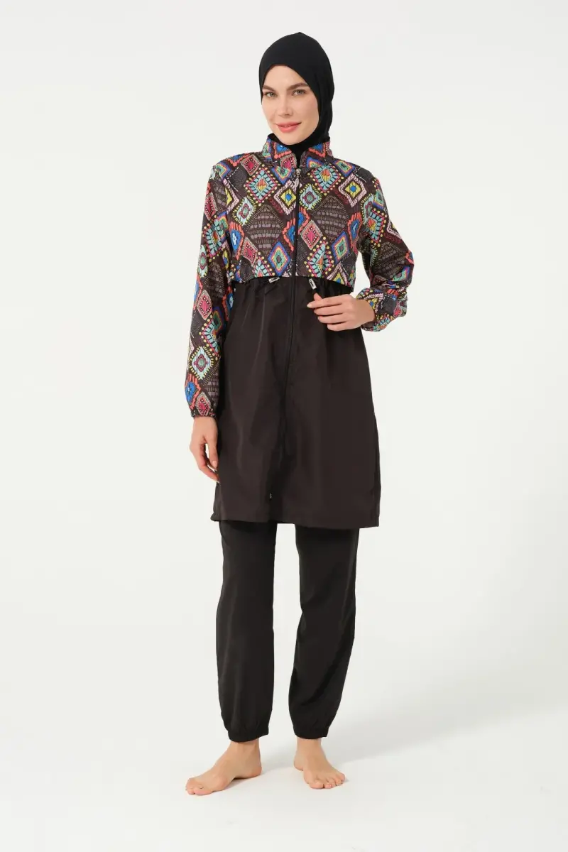 Tesmay Kadın Desenli Tam Kapalı Tesettür Mayo 22155-25 Siyah - 2