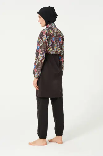 Tesmay Kadın Desenli Tam Kapalı Tesettür Mayo 22155-25 Siyah - 4