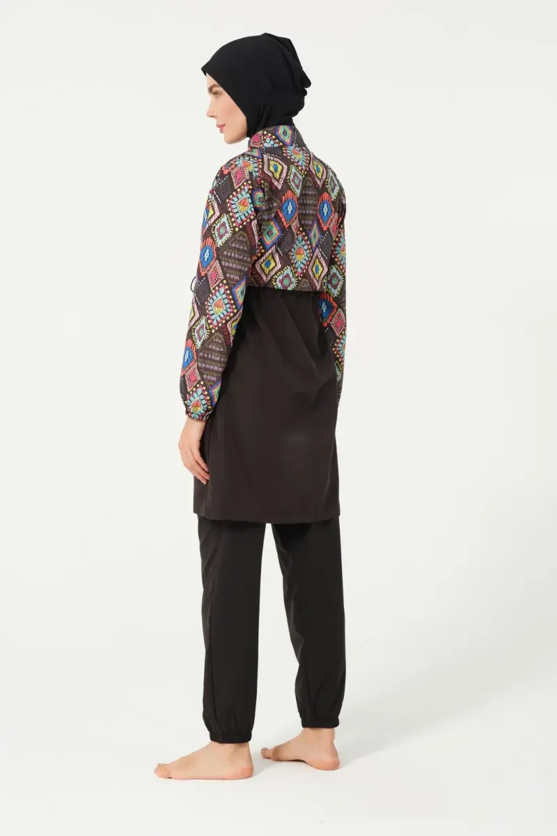 Tesmay Kadın Desenli Tam Kapalı Tesettür Mayo 22155-25 Siyah - 4