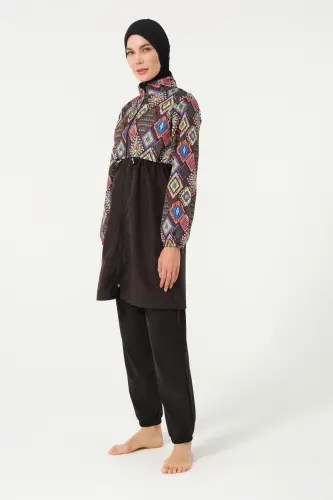 Tesmay Kadın Desenli Tam Kapalı Tesettür Mayo 22155-25 Siyah - 5