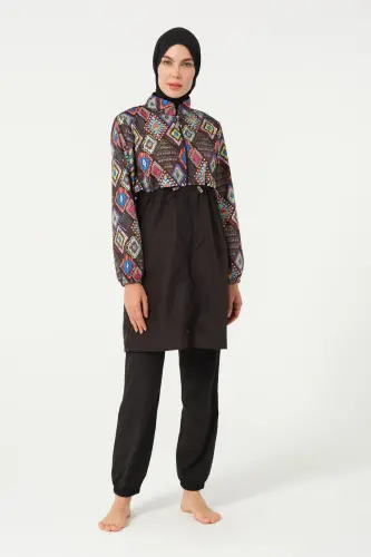 Tesmay Kadın Desenli Tam Kapalı Tesettür Mayo 22155-25 Siyah - 6