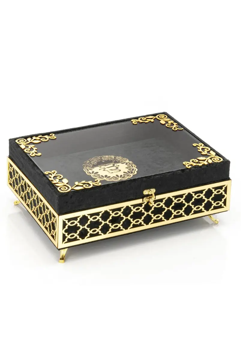 Transparent Plexiglass Velvet Covered Dowery Quran Set with Chest - Black - 4