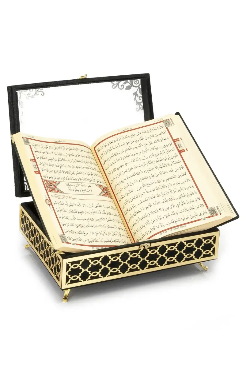 Transparent Plexiglass Velvet Covered Dowery Quran Set with Chest - Black - 2