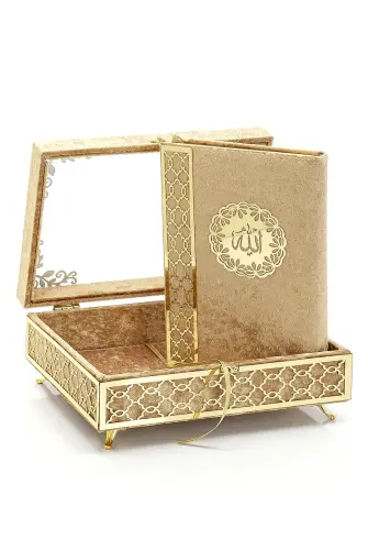 Transparent Plexiglass Velvet Covered Dowery Quran Set with Chest - Gold - ihvanonline (1)