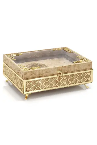 Transparent Plexiglass Velvet Covered Dowery Quran Set with Chest - Gold - 3