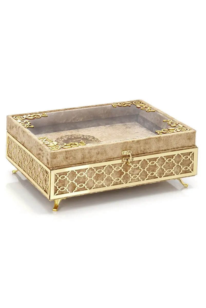 Transparent Plexiglass Velvet Covered Dowery Quran Set with Chest - Gold - 3