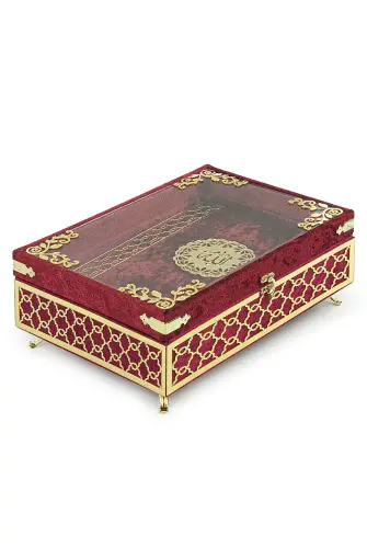 Transparent Plexiglass Velvet Covered Dowery Quran Set with Chest - Red - 3