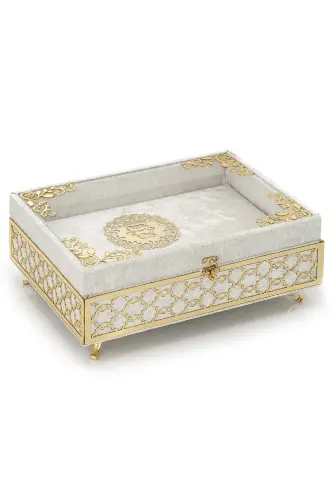 Transparent Plexiglass Velvet Covered Dowry Quran Set With Box - Cream - ihvanonline (1)