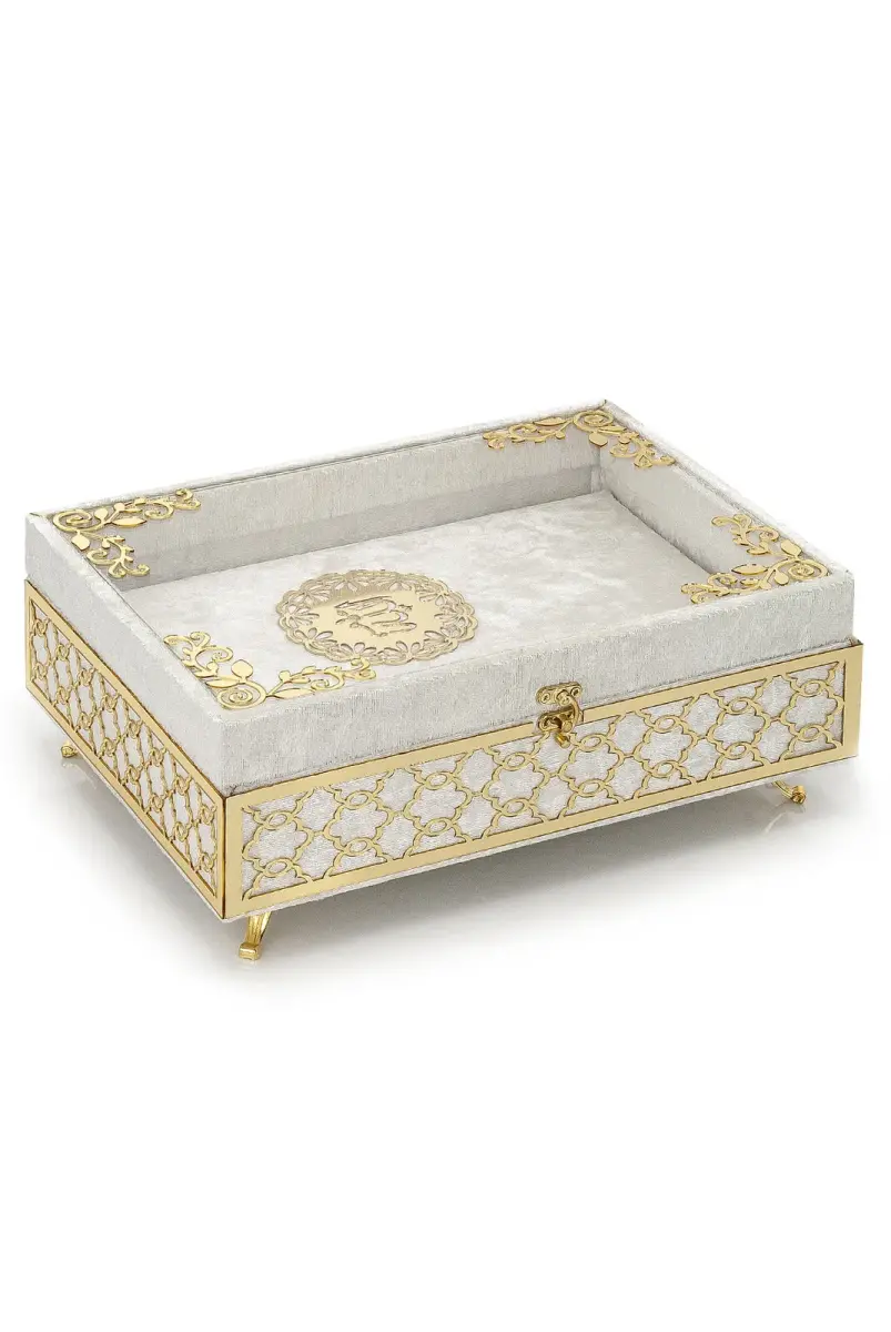Transparent Plexiglass Velvet Covered Dowry Quran Set With Box - Cream - 2