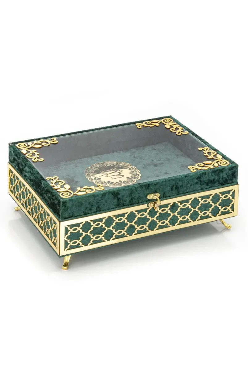 Transparent Plexiglass Velvet Covered Dowry Quran Set With Box - Green - 4