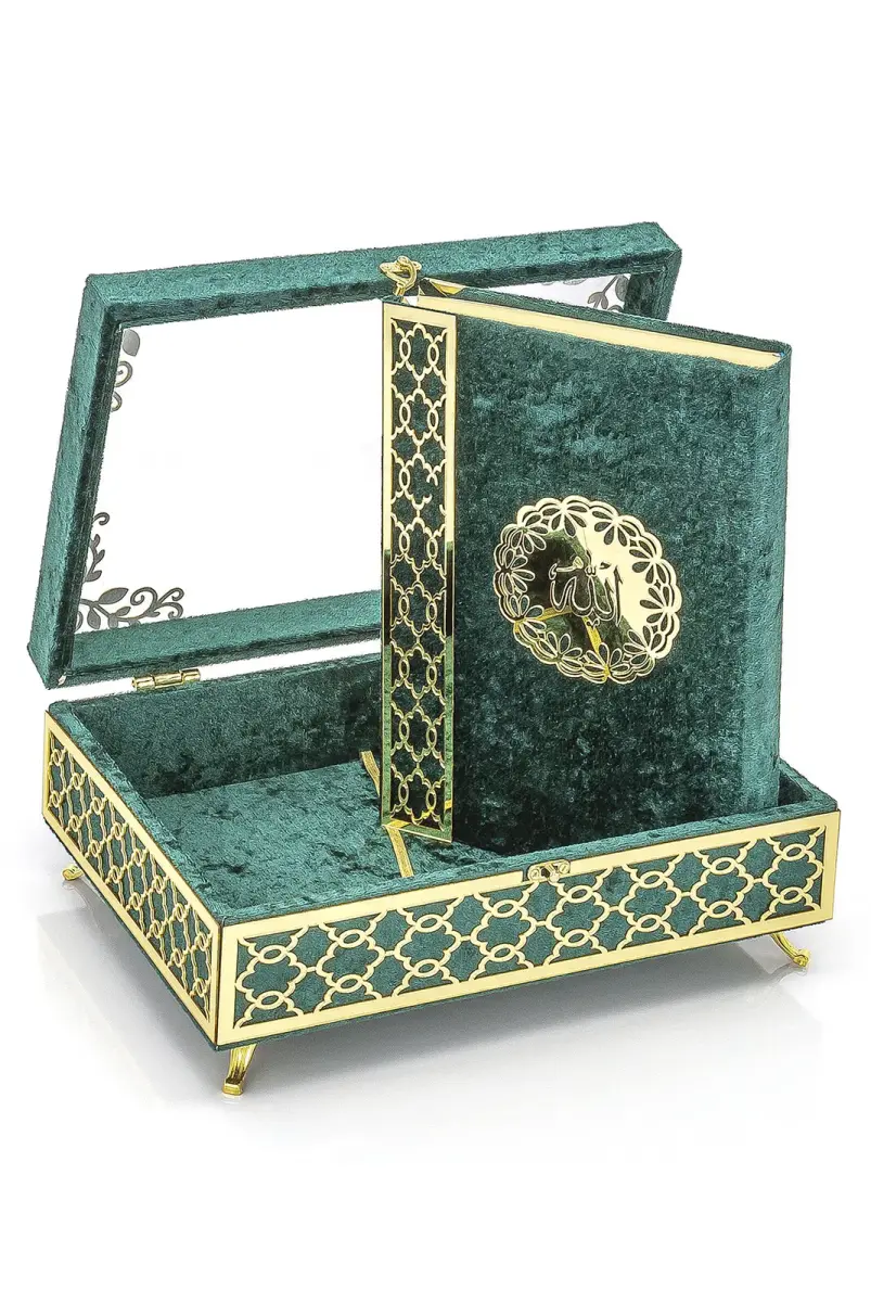 Transparent Plexiglass Velvet Covered Dowry Quran Set With Box - Green - 1