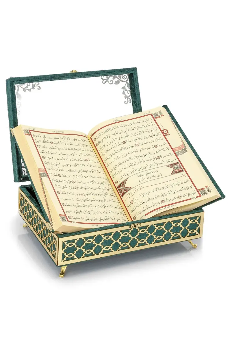 Transparent Plexiglass Velvet Covered Dowry Quran Set With Box - Green - 2