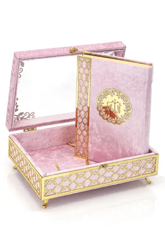 Transparent Plexiglass Velvet Covered Dowry Quran Set with Chest - Pink - 1