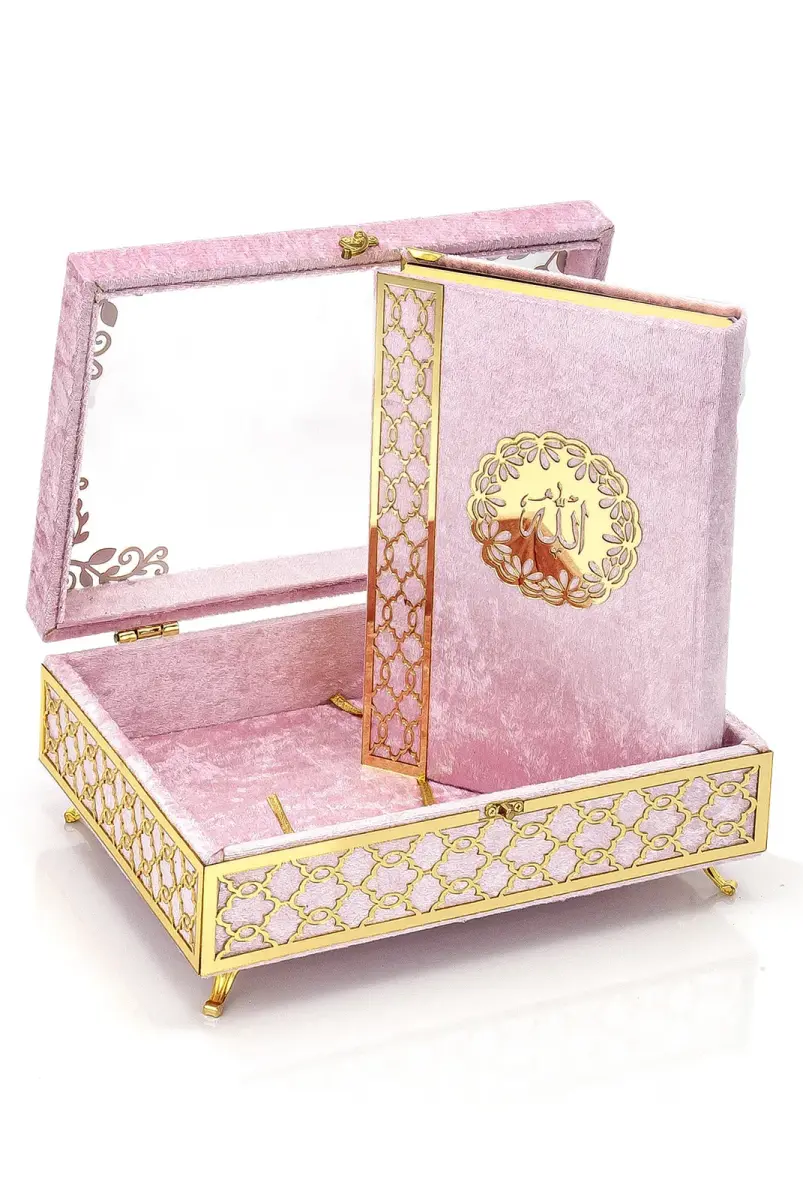 Transparent Plexiglass Velvet Covered Dowry Quran Set with Chest - Pink - 1