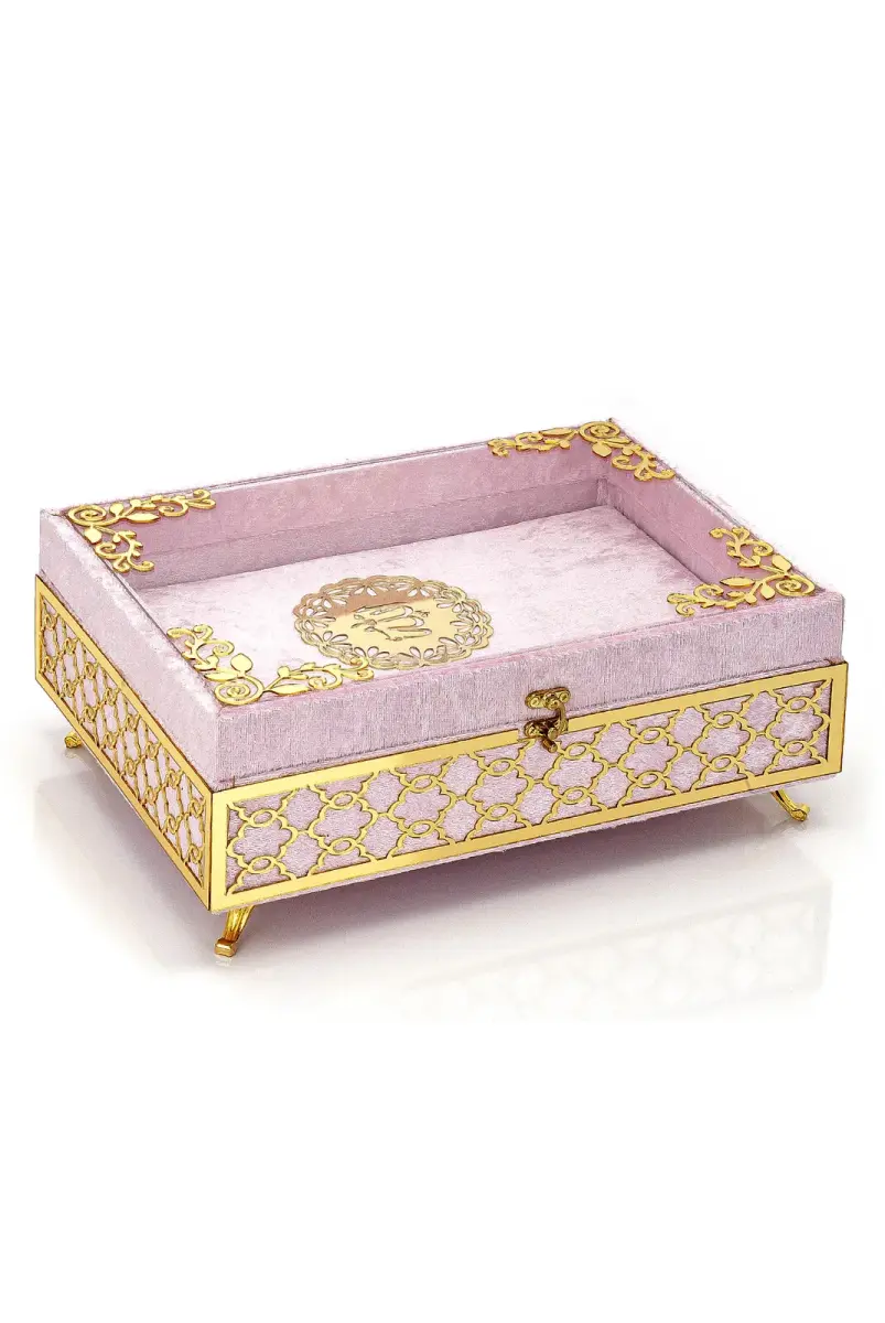Transparent Plexiglass Velvet Covered Dowry Quran Set with Chest - Pink - 2