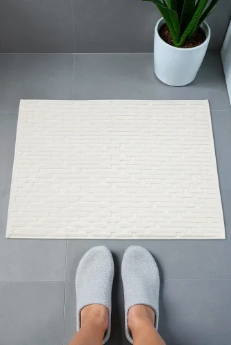 Tuğla Desenli 2li Ayak Havlusu - 50x70 cm - Su Emici Banyo Paspası Seti - Beyaz 