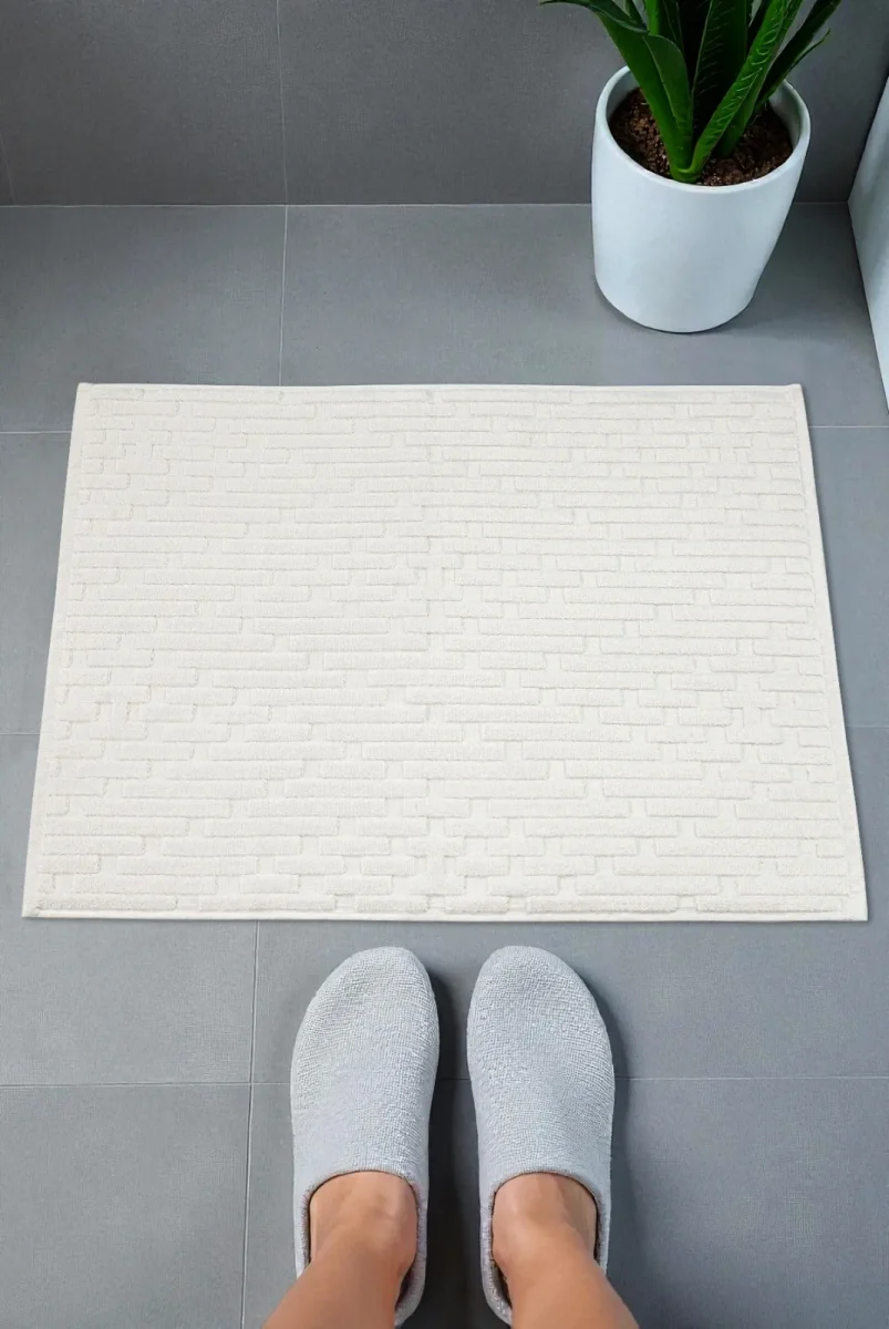 Tuğla Desenli 2li Ayak Havlusu - 50x70 cm - Su Emici Banyo Paspası Seti - Beyaz - 1