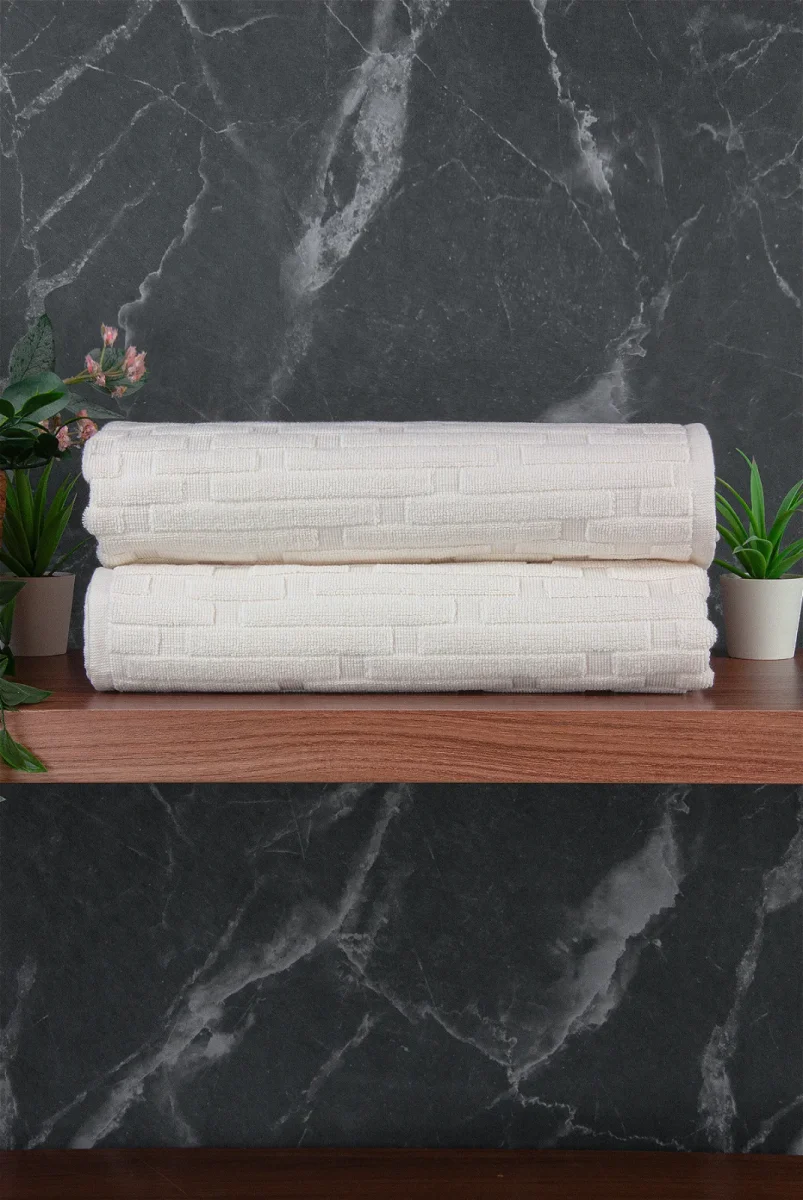 Tuğla Desenli 2li Ayak Havlusu - 50x70 cm - Su Emici Banyo Paspası Seti - Beyaz - 2